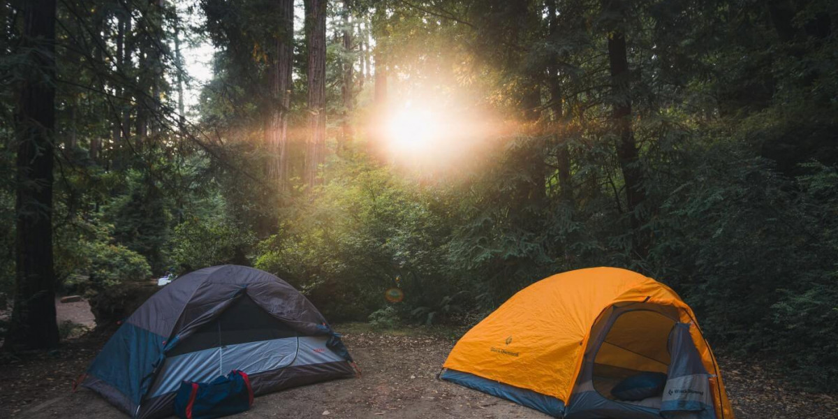 Two tents in the forest and the sun is shining through the leaves.
